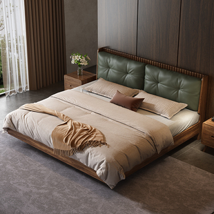 宋氏美学实木床卧室家用轻奢1.8m黑胡桃木双人床真皮软包悬浮大床