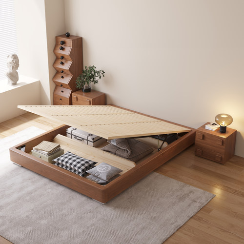 无床头实木床气压高箱储物床齐边款双人床现代简约中古风榻榻米床