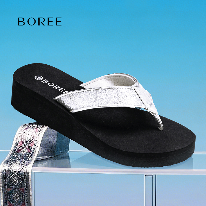 Boree/宝人人字拖女外穿厚底平跟亮片2025夏新款4cm增高海边沙滩
