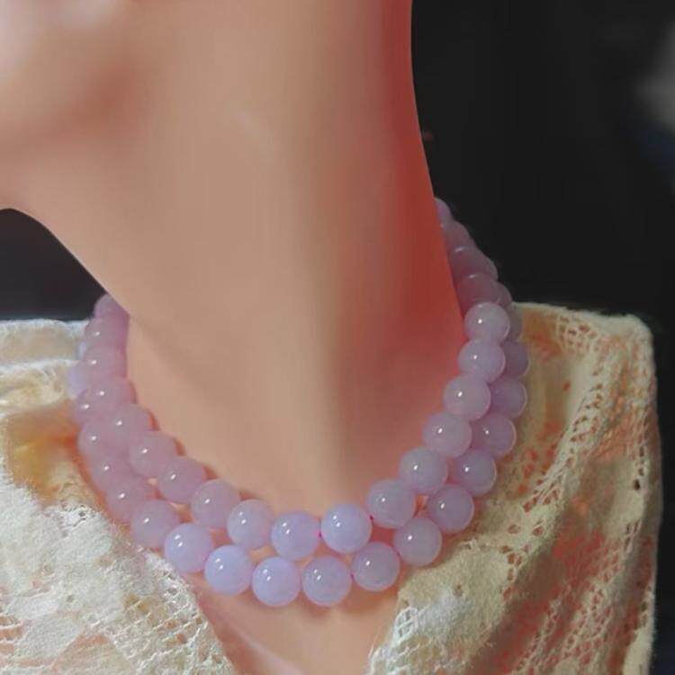 天然紫粉色翡翠项链缅甸A货圆珠颈链紫手串卡10女高端玉石毛衣链