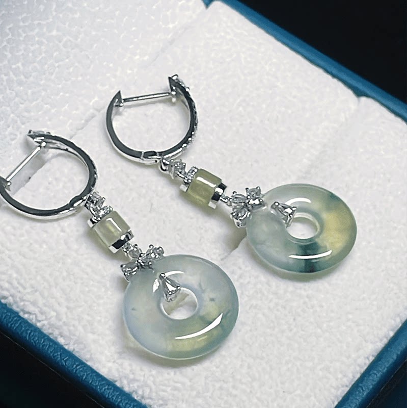 高冰玻璃种翡翠甜甜圈耳环18K金镶嵌飘蓝花老坑起杠光精品耳饰