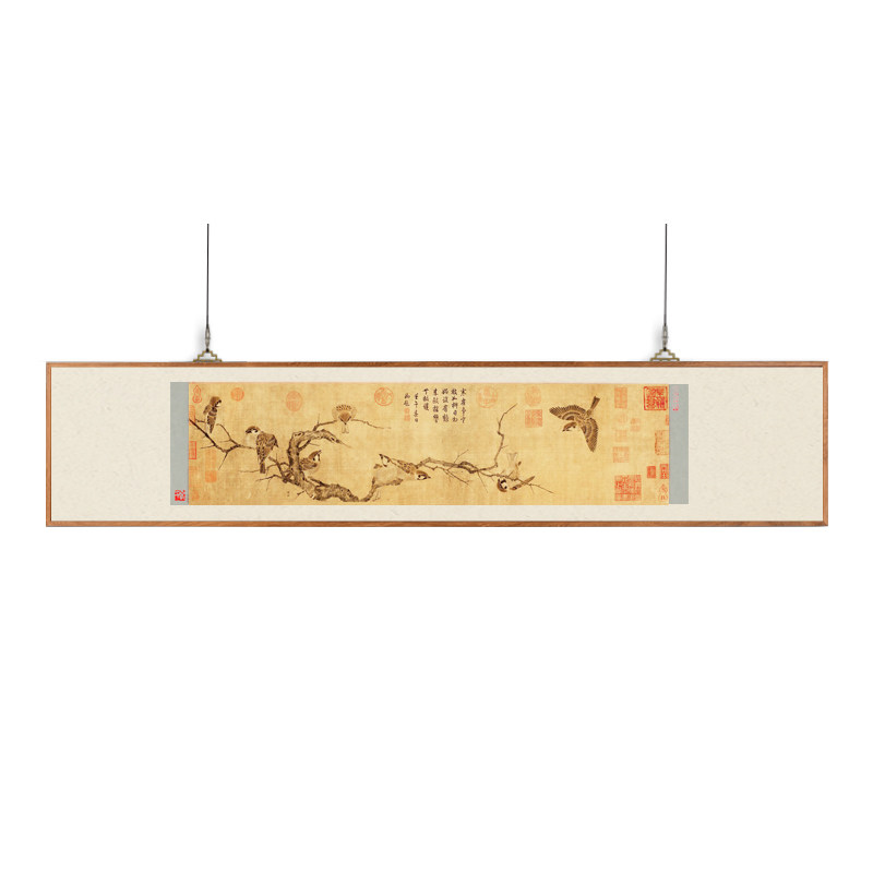 茶室画中式餐厅茶社寒雀图装饰画宋式装裱楸木圆角画框客厅装饰