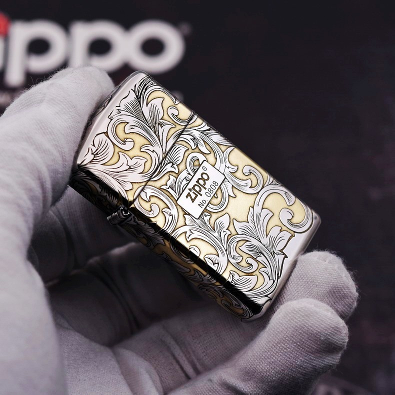 打火机zippo正版镀银双色纤巧限量版唐草原装美国之宝煤油防风