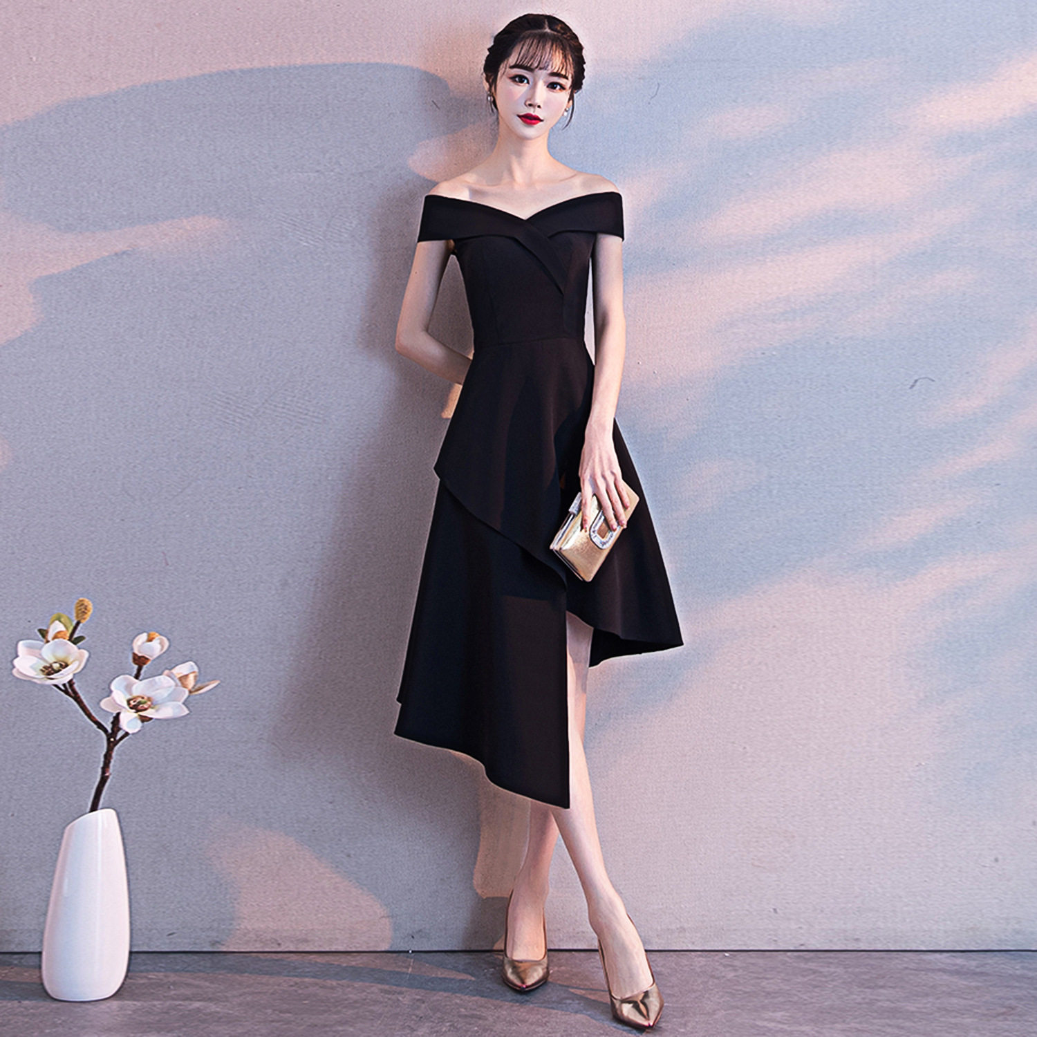 晚礼服女小个子宴会气质名媛一字肩中长款显瘦公司年会派对连衣裙