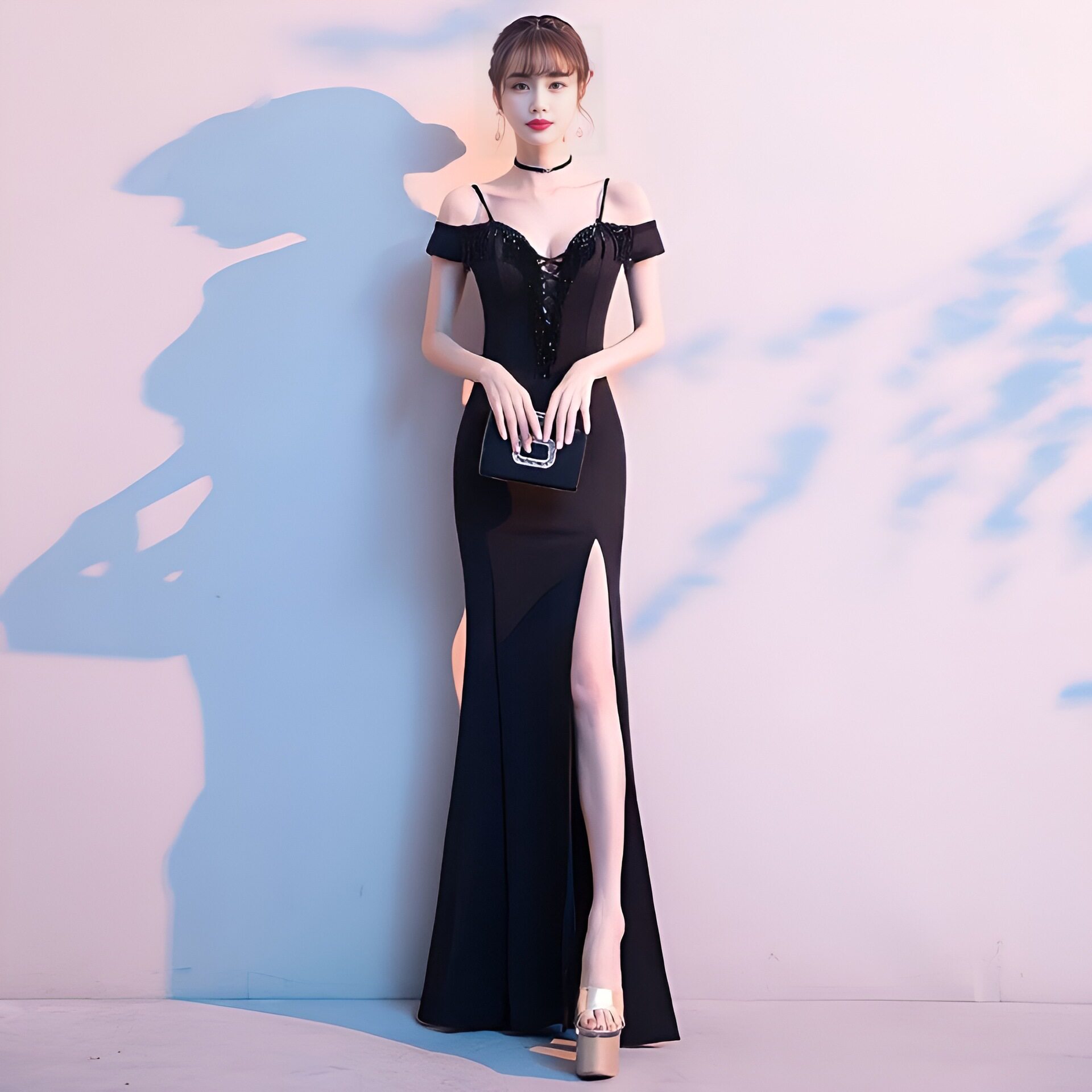 晚礼服女一字肩高端气质名媛宴会晚宴赫本风抹胸侧开叉长款连衣裙