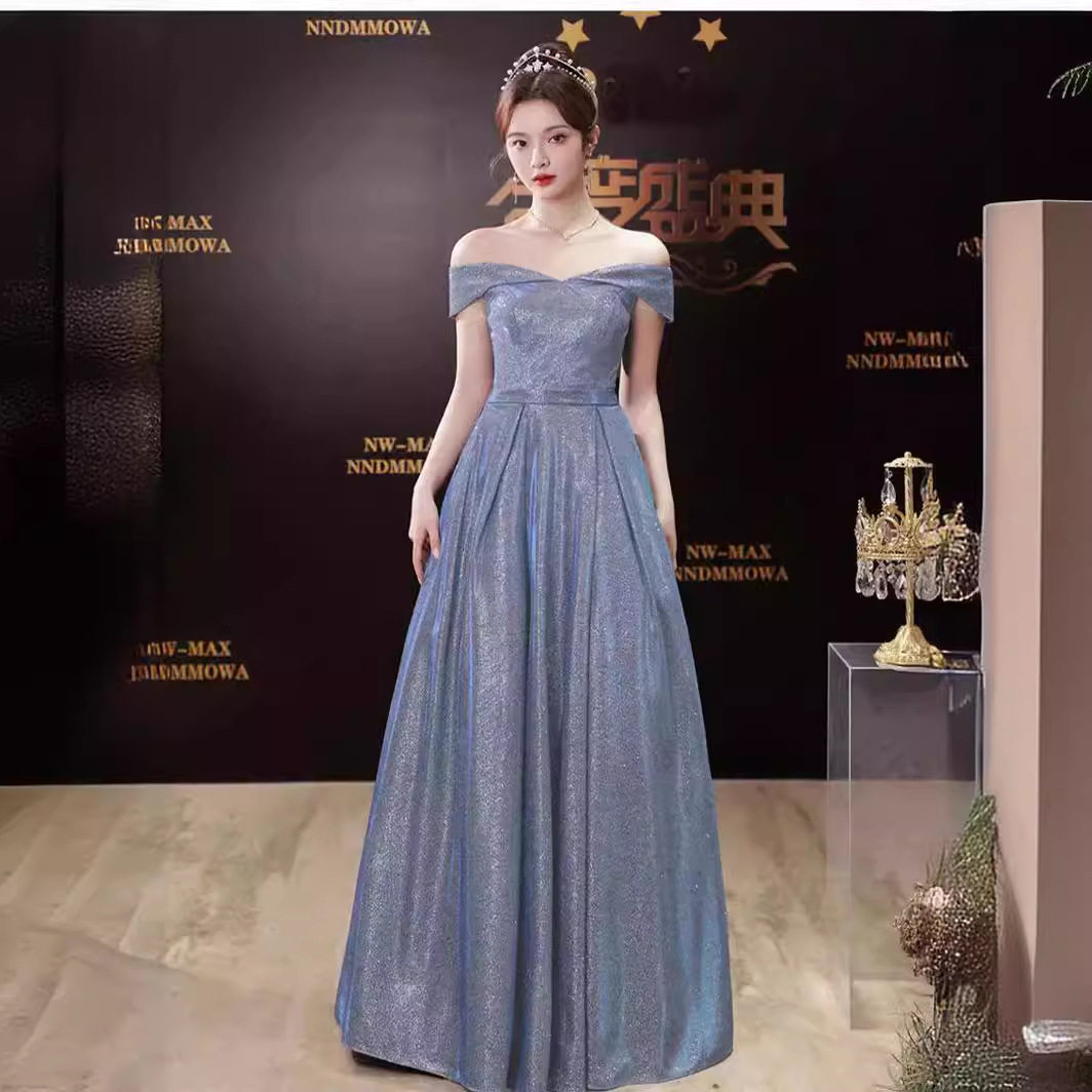 亮闪闪晚礼服裙2025新款一字肩轻奢小众修身高级感主持高定敬酒服
