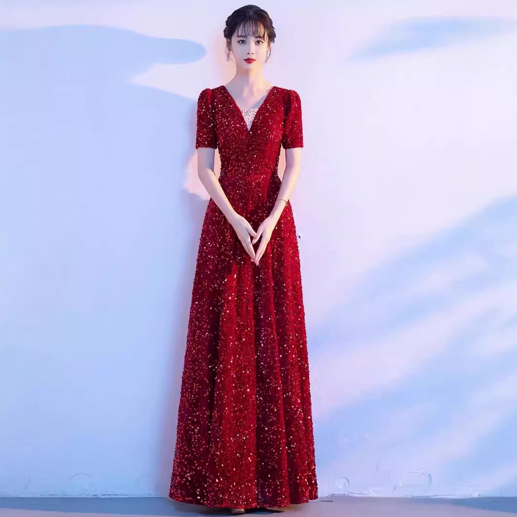 亮片晚礼服合唱团演出服指挥长裙酒红色敬酒服宴会气质主持人端庄