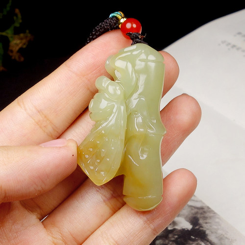 【天石玉器】和田玉节节高升竹节金蝉挂件吊坠27.529g