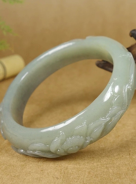 和田玉青花荷花手镯 和田玉手镯 61.02克