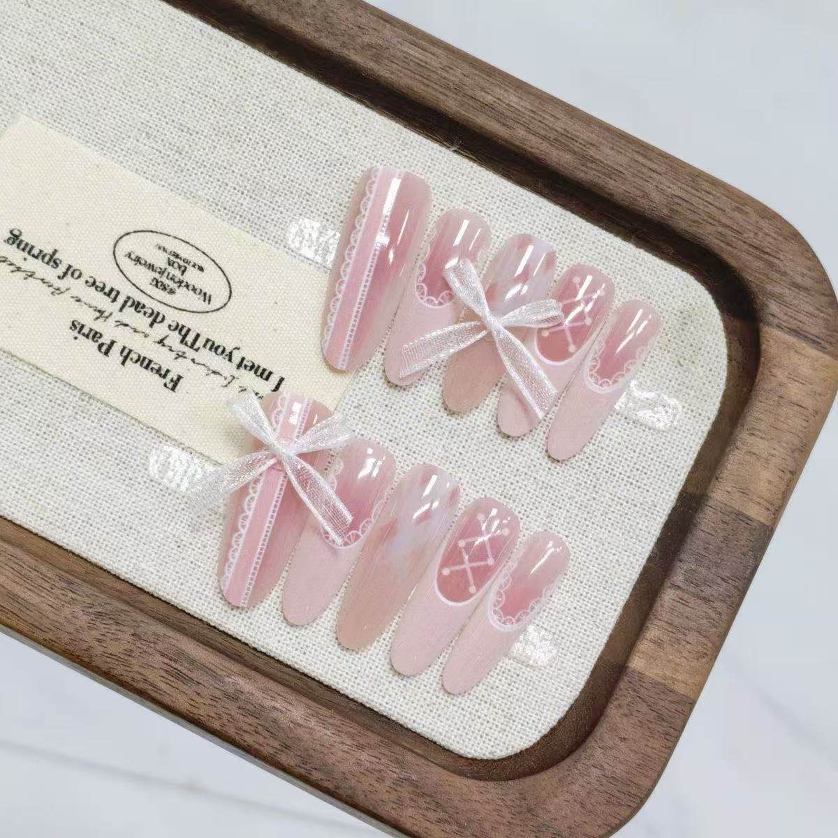 半手工美甲穿戴心动旋律粉色法式蕾丝花边纯风丝带显白可拆卸