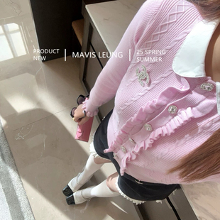 LEUNG 樱花粉荷叶边修身 乖乖女既视感 blue 翻领针织 baby MAVIS