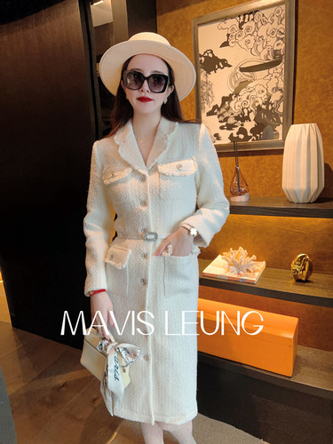 MAVIS LEUNG 法式新贵 淡人优雅感毛边领粗花呢长款连衣裙外套