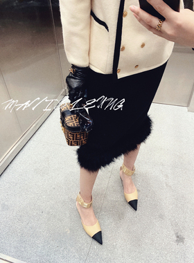 MAVIS LEUNG 立体奶油花/鸵鸟毛毛装饰边 后开叉针织直筒半身裙