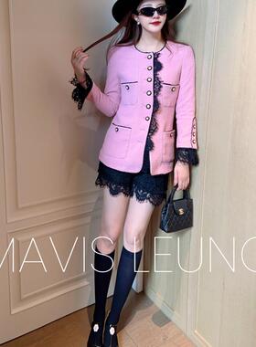 MAVIS LEUNG 法式时髦DNA 吸桃花嫩粉色蕾丝边小女人粗花呢外套