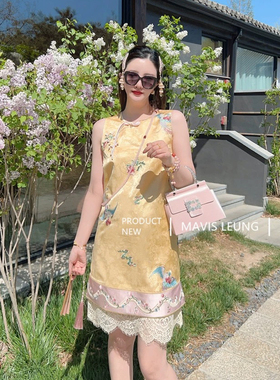 MAVIS LEUNG 浅夏未央 凤凰涅槃刺绣提花洛梨黄/瑚云粉蕾丝连衣裙