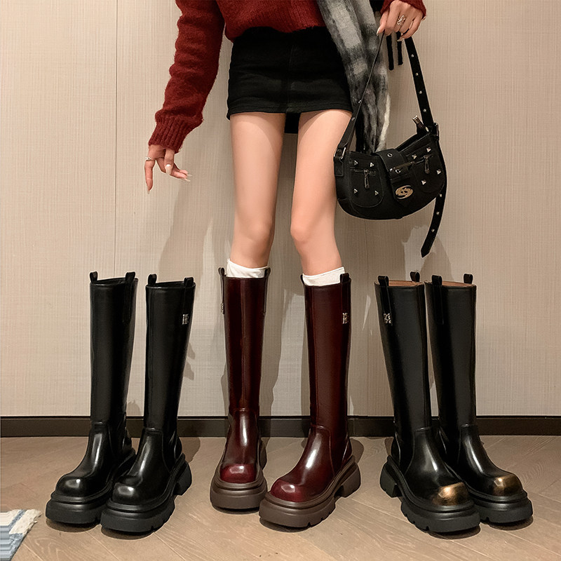 【闷鱼手工鞋】2025秋冬季时尚潮流厚底帅气骑士靴女高筒靴酒红色