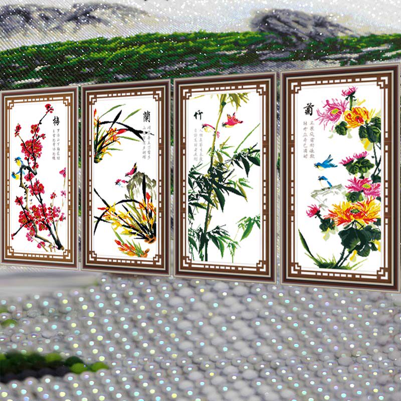 梅兰竹菊2026新款5手工diy钻石画满钻点钻十字绣高级感玄关砖石秀