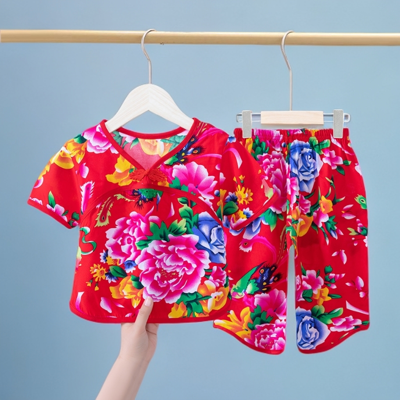 女童东北大花短袖套装夏季薄款男童宝宝中国民族风家居服棉绸汉服,童装/婴儿装/亲子装,家居服套装,淘宝优惠券,粉丝福利购,淘宝优惠卷