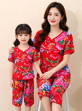 亲子装女童男童东北大花短袖套装婴儿夏季棉绸儿童夏装中国风宝宝