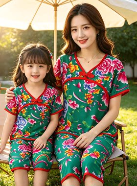 亲子装女童短袖套装夏季棉绸薄款宝宝中国家居服棉绸儿童汉服唐装