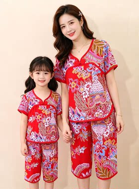 亲子装女童东北大花短袖套装婴儿夏季棉绸儿童睡衣夏装中国风宝宝