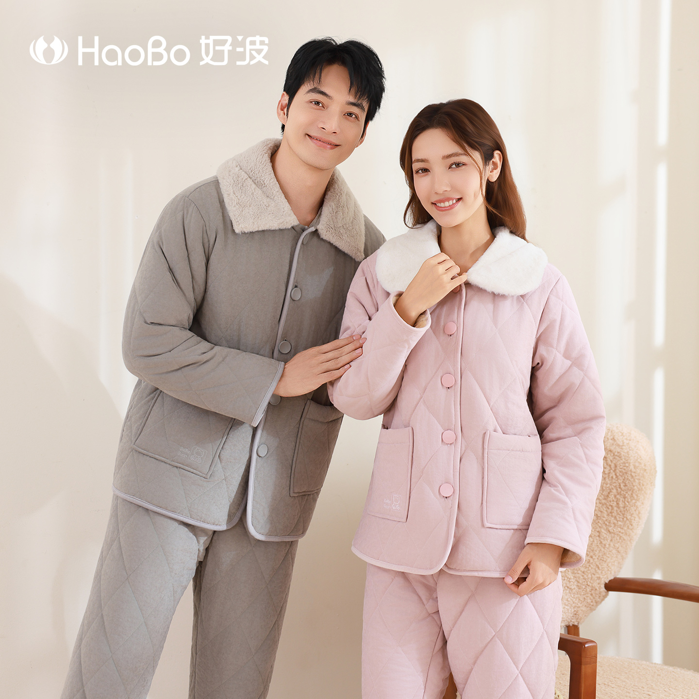 好波冬季男女棉袄加厚保暖家居服套装情侣款时尚可外穿睡衣HJ2573
