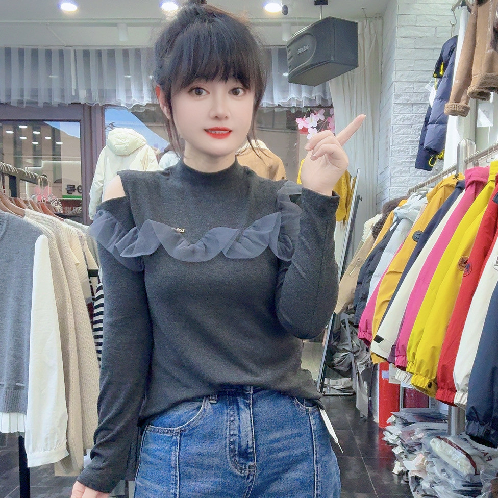 秋冬新款薄绒寸领拼接妃子边减龄修身显瘦T恤打底衫女漏肩设计感