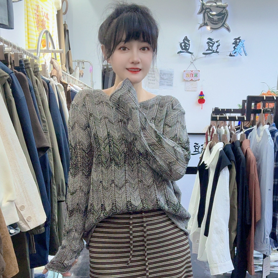 秋季新品韩范宽松复古民族风长袖圆领针织衫毛衣女时尚洋气个性潮