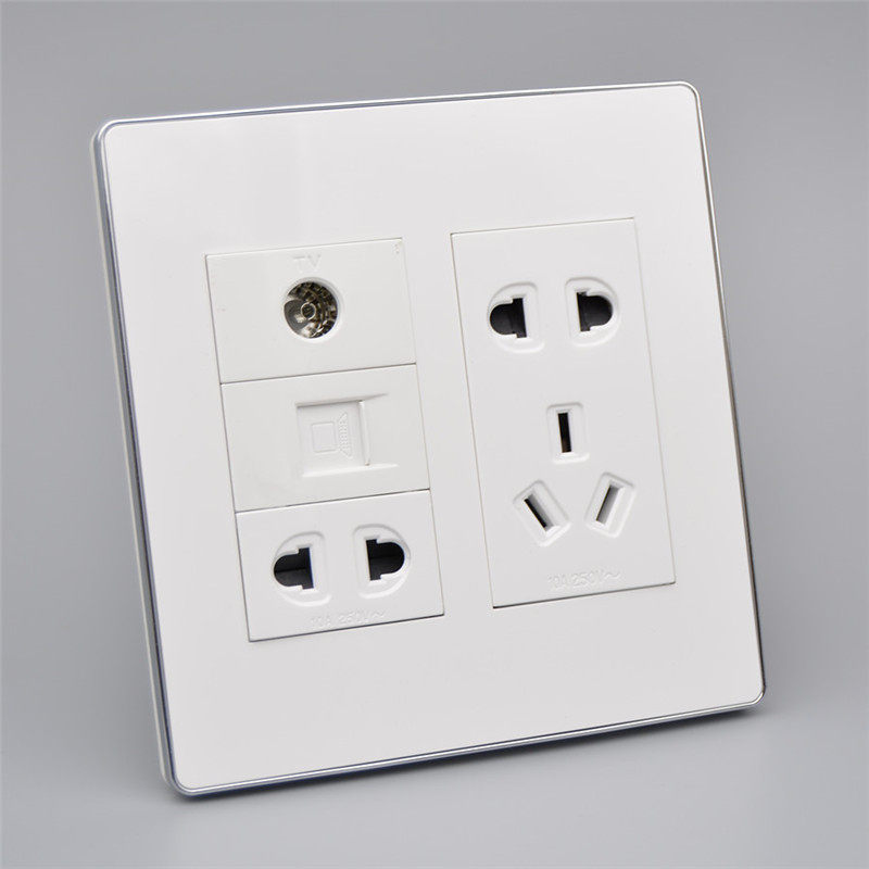 120型六位墙壁开关 多媒体二三插五孔电源+TV电脑网口插座面板