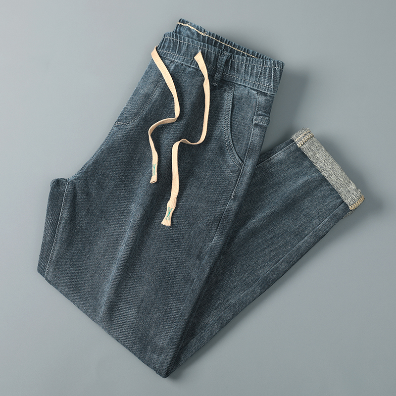 冬季男士牛仔裤潮流磨毛厚款小脚裤修身帅气百搭弹力抽绳腰长裤潮