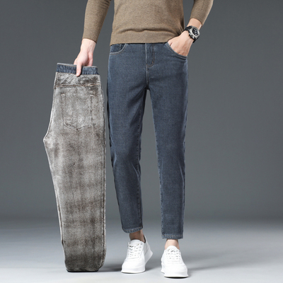 加绒加厚2025冬天九分牛仔裤男