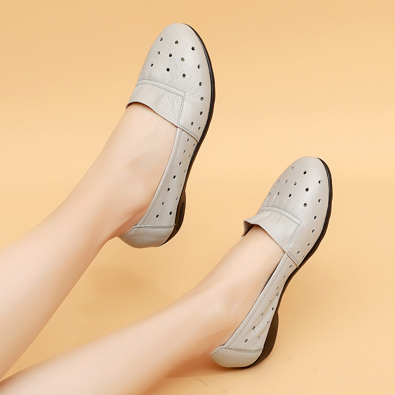 春夏季真皮软底妈妈鞋透气镂空洞洞单鞋平底百搭豆豆鞋舒适女凉鞋,女鞋,浅口单鞋,淘宝优惠券,粉丝福利购,淘宝优惠卷