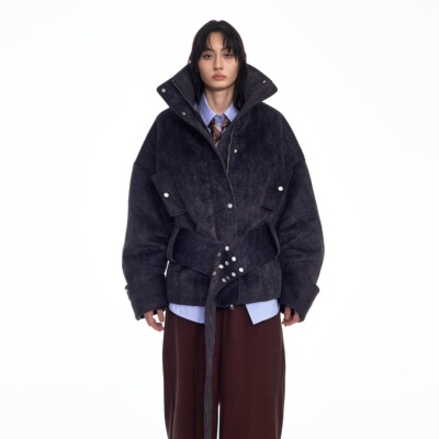 DONOTDISTURB原创解构落肩拼接腰带铆钉阔型夹克棉外套男女同款