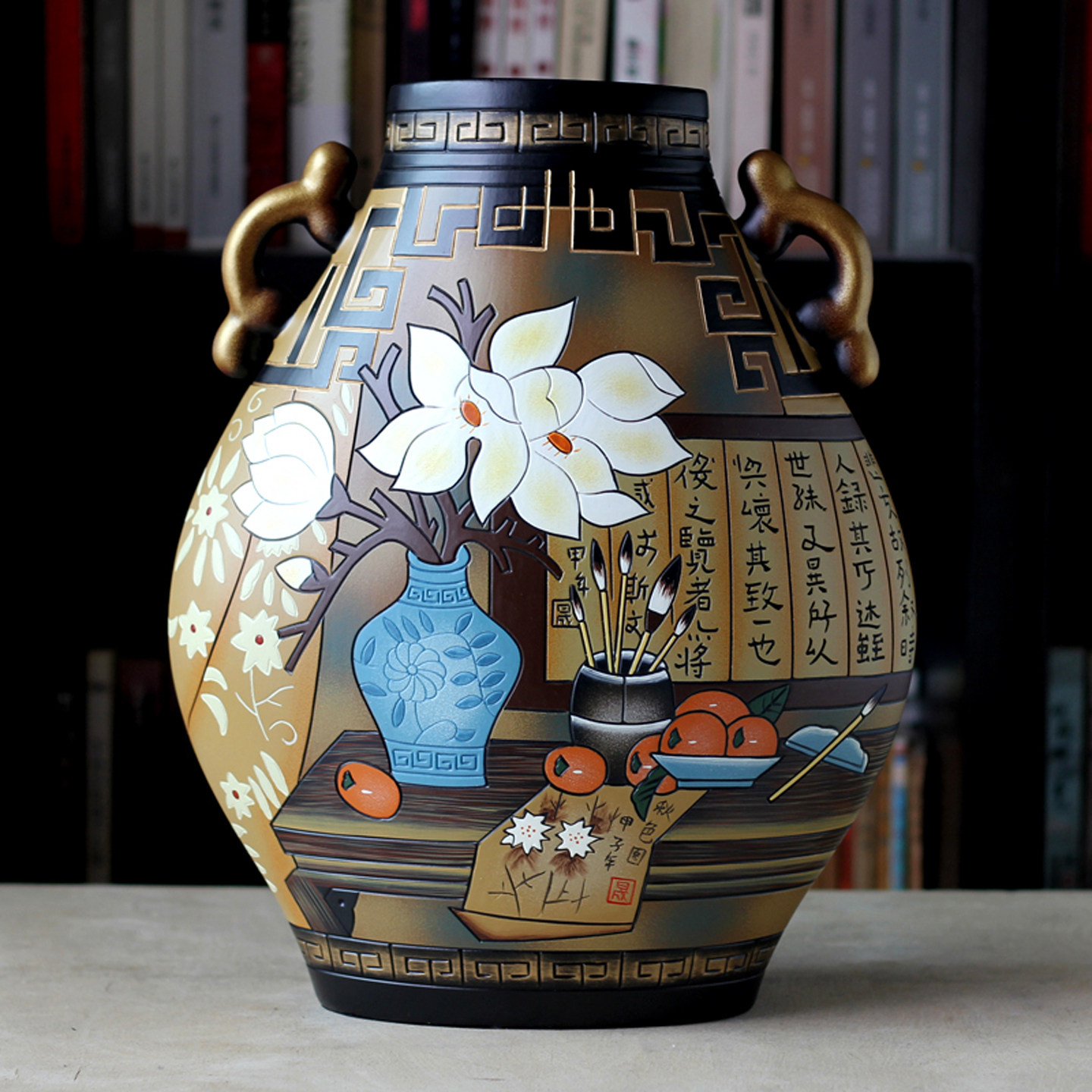 新中式家居装饰品高档艺术品客厅玄关博古架花器陶瓷摆件复古花瓶