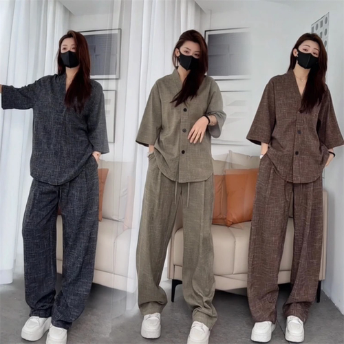 夏季薄款男士短袖衬衫长裤两件套