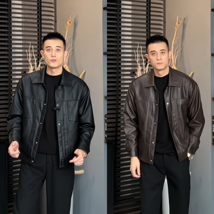 美式痞帅翻领皮衣夹克冬季新款男士复古时尚潮流百搭休闲气质外套