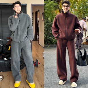 冬季男士休闲运动套装摇粒绒立领拉链外套长裤保暖两件套青年穿搭