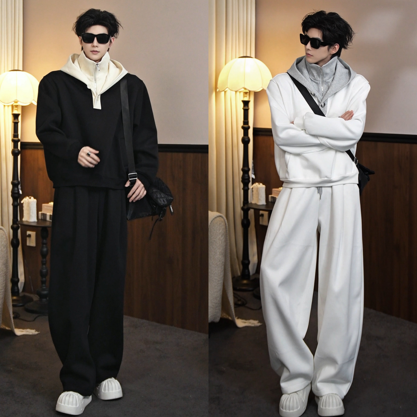 2026春季新款美式假两件连帽卫衣男宽松垂感阔腿裤休闲套装