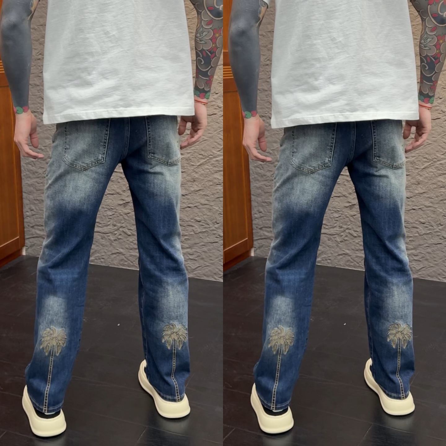 冬季新款时尚休闲百搭椰子树刺绣牛仔裤美式休闲高级感直筒裤男士