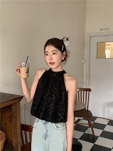 实拍 法式blingbling气质挖肩亮片背心上衣