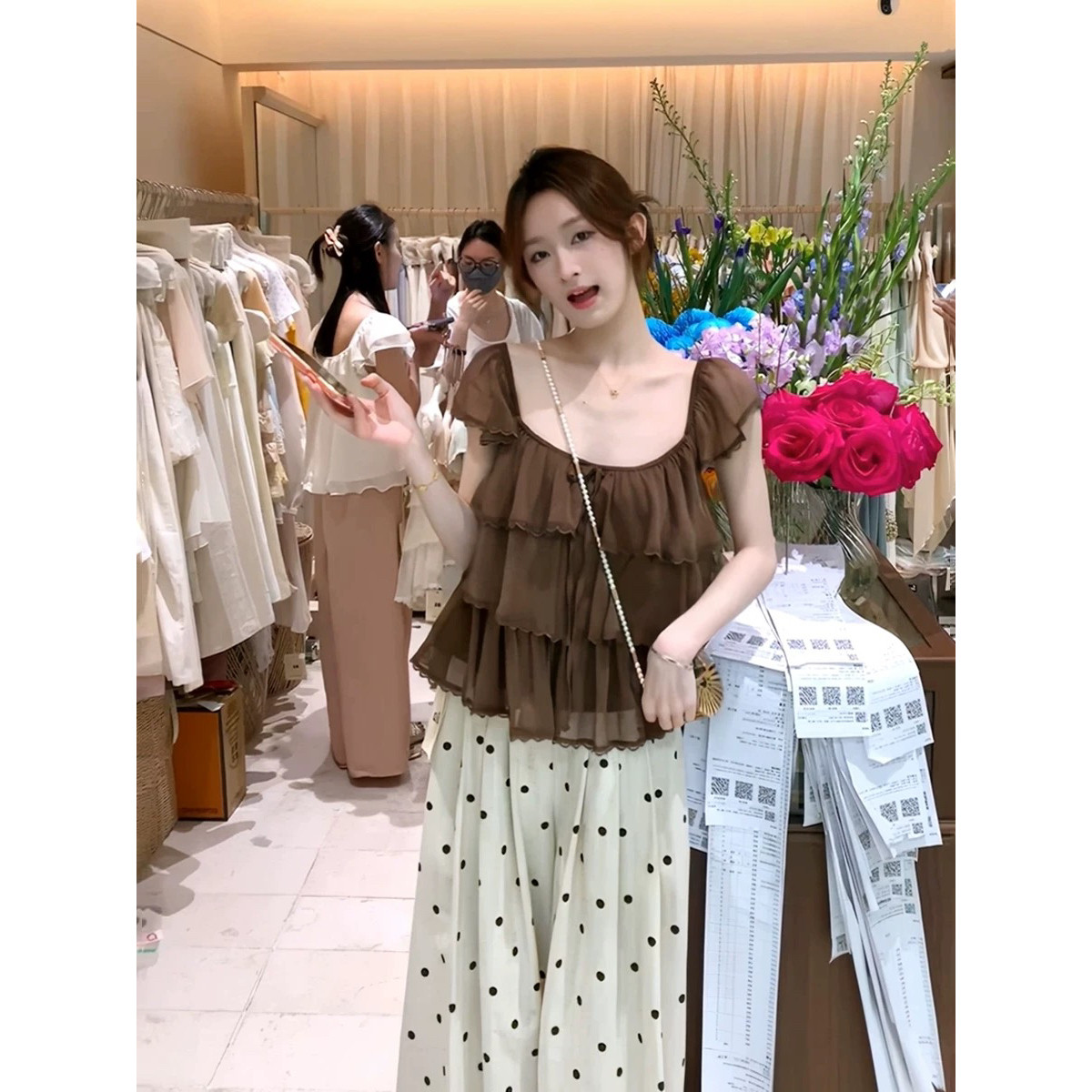 2026夏季新款韩版甜美方领系带荷叶边小飞袖蛋糕小衫女温柔上衣