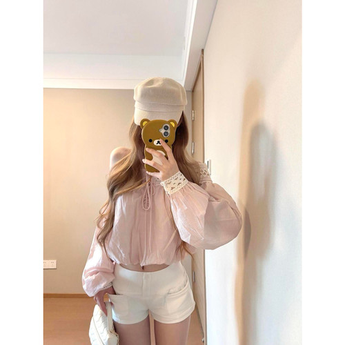 温柔纯欲风一字肩蕾丝花边长袖衬衫女夏季高腰简约百搭短裤两件套