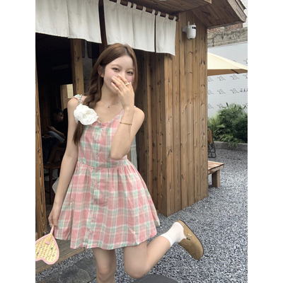 实拍实价 韩系夏季粉色格子单排扣收腰设计感连衣裙