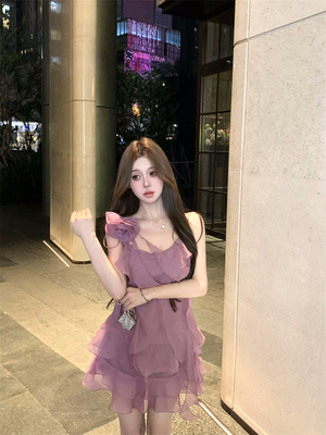 实拍实价 紫色花朵荷叶边雪纺吊带夏季型纯欲套装打底短款两件套