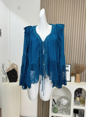 Roselyn 原创气质名媛孔雀蓝蕾丝仙气慵懒纯欲衬衫喇叭袖性感上衣