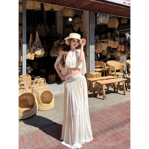 实拍春装性感度假圆领斗篷上衣+高腰垂感褶皱半身裙长裙两件套女