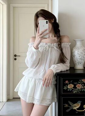韩系穿搭一整套装夏季甜美一字肩收腰连衣裙短裙女抹胸短裤三件套