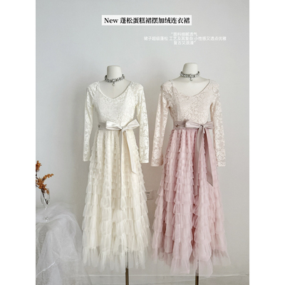 Catyears猫年 粉荔漫舞~复古法式蕾丝蓬松蛋糕裙摆连衣裙加绒