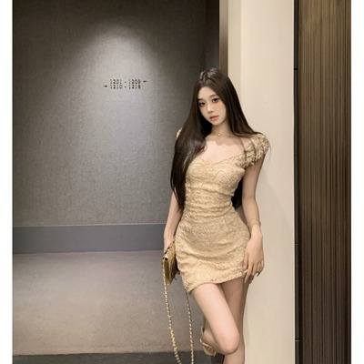实拍实价 重工水钻蕾丝无袖连衣裙高级感性感气质收腰包臀裙礼服