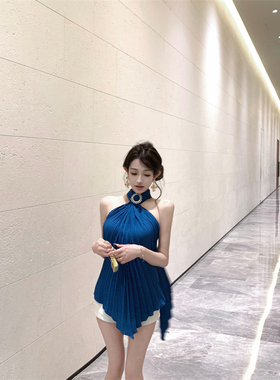 实拍实价  重工压褶蓝色挂脖吊带连衣裙